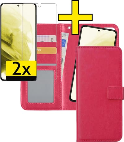 Hoesje - 2 in 1 - Geschikt voor Samsung Galaxy S21 - Met 2x Screenprotector - En Uitneembare Hard Cover - Bookcase - Wallet Case - Met Pasjeshouder - Book Case - Uitneembaar - Pashouder - Kunstleer - Telefoonhoesjes - Donkerroze