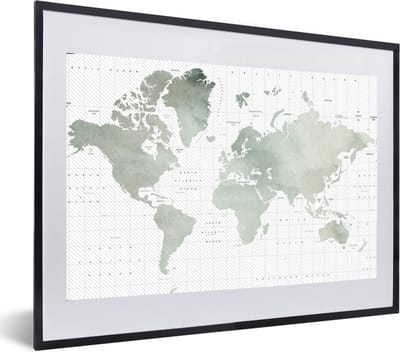 Poster in lijst - Fotolijst 60x40 cm - Posters - Wereldkaart - Waterverf - Grijs - Posterlijst zwart - Decoratie - Wanddecoratie woonkamer - Muurdecoratie slaapkamer