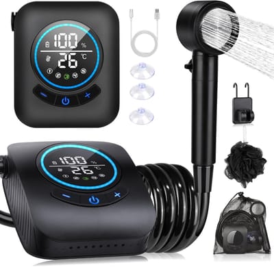 SnelShoppen - Camping douche met pomp, Draagbare oplaadbare douche 8000mAh, 5 snelheden, temperatuurweergave, Elektrische douche voor kamperen, wandel