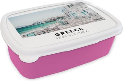 Broodtrommel Roze - Lunchbox - Brooddoos - Griekenland - Blauw - Zee - Stoelen - 18x12x6 cm - Kinderen - Meisje