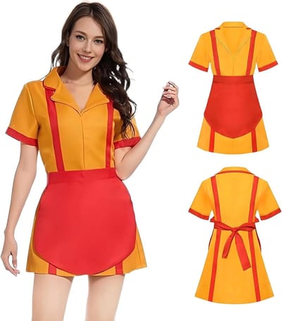 Klassieke Rode en Oranje Maid Outfit voor Cosplay, Carnavalskostuum en Themafeesten, Inclusief Schort en Accessoires