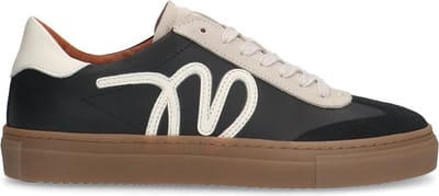 Manfield - Dames - Zwarte leren sneakers met suède details - Maat 39