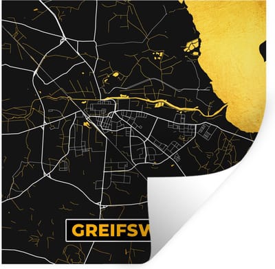 Muurstickers - Sticker Folie - Duitsland – Black and Gold – Greifswald – Stadskaart – Kaart – Plattegrond - 100x100 cm - Plakfolie - Muurstickers Kinderkamer - Zelfklevend Behang XXL - Zelfklevend behangpapier - Stickerfolie