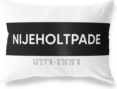Tuinkussen NIJEHOLTPADE - FRIESLAND met coördinaten - Buitenkussen - Bootkussen - Weerbestendig - Jouw Plaats - Studio216 - Modern - Zwart-Wit - 50x30cm