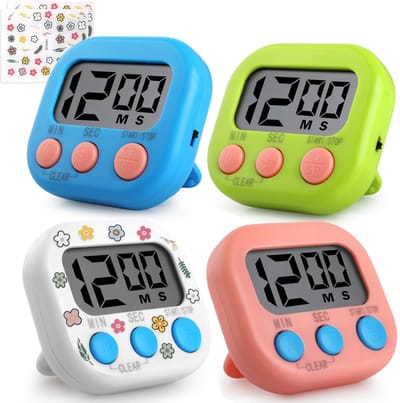 Namajunas - Set van 4 Kookwekker digitaal - Magnetisch - Elektronische timers met luide wekker voor het koken - Keukentimer Klokje - Groot lcd-display - Timer met 2 bloemenstickers
