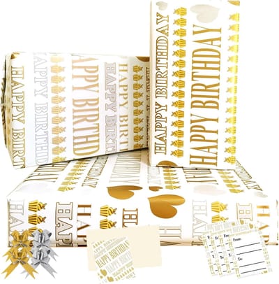 Famanu - Inpakpapier goud, verjaardag inpakpapier Jumbo formaat 85 x 60 cm, 4 vellen Happy Birthday-papier met 4 gouden strikken, 2 verjaardagskaarten, 4 cadeaulabels, geschenkverpakking voor meisjes, jongens