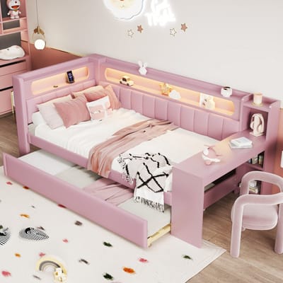 MODFU – Gestoffeerde Bedbank met Uitschuifbed en Bureau – 90x200 cm – LED-Verlichting & USB – Multifunctioneel voor Studente of Tiener – Roze