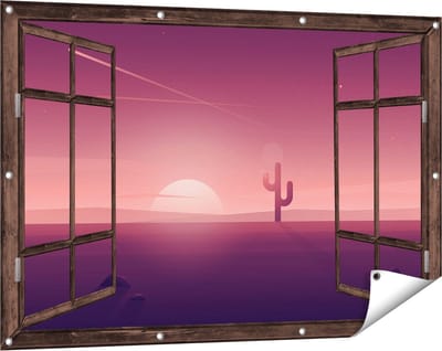 Gards Tuinposter Doorkijk Zonsondergang in de Woestijn met een Cactus - 120x80 cm - Tuindoek - Tuindecoratie - Wanddecoratie buiten - Tuinschilderij