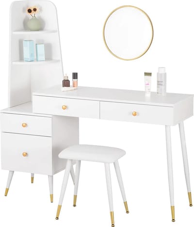 DHN Set van Witte Kaptafel Met Kruk Spiegel 4 Lades - Grote Make-Up Tafel - Moderne Cosmetische Tafel Voor Slaapkamer - Wit