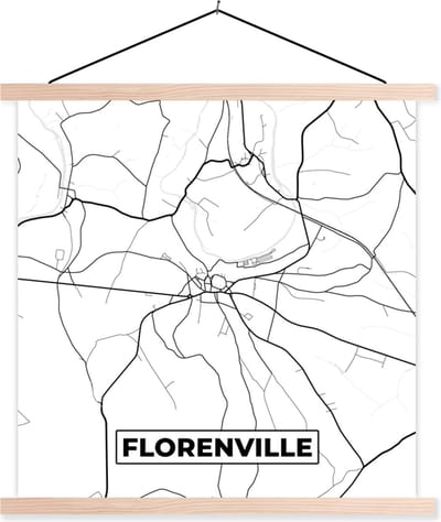 Posterhanger incl. Poster 40x40 cm - Schoolplaat - Stadskaart – Plattegrond – België – Zwart Wit – Florenville – Kaart - Textielposter - Blanke latten - Stadskaart