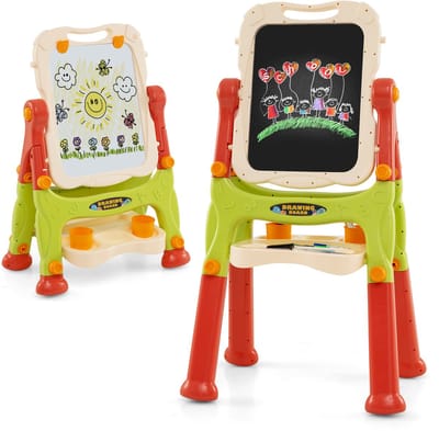 COSTWAY Kinderbord, dubbelzijdig kinderbord, in hoogte verstelbaar, met whiteboard en krijtbord, standbord voor kinderen, magneetbord vanaf 2 jaar, groen + oranje