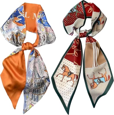 Elegante Lange Zijden Sjaal voor Vrouwen - Rood, Groen en Oranje Bandana - Haaraccessoires, Hoofddoek en Modeaccessoire
