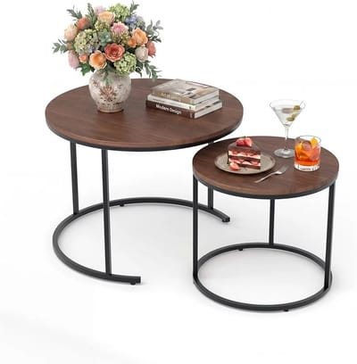 JOYNEXTBUY - Salontafel Set van 2 – Nesting Tafels Rond – Walnootkleur – Bijzettafels - Verstelbaar – Woonkamer, Balkon & Kantoor