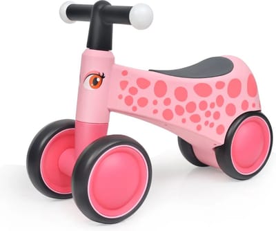 VROOOMY Baby Loopfiets 1 tot 3 jaar – Stabiele Loopwagen met LED-verlichting in het Stuur – Kinderfiets met 4 EVA-Wielen & Ergonomisch Design – Roze