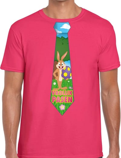 Roze Paas t-shirt met paashaas stropdas - Pasen shirt voor heren - Pasen kleding S