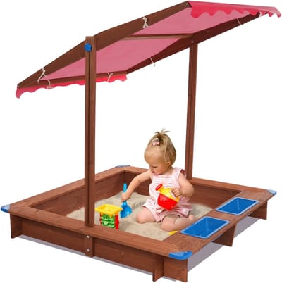 Houten Zandbak - Zandschelp Speelgoed - Buiten Spelen - Inclusief Afdekking - 126x121x118 cm - Rood Bruin