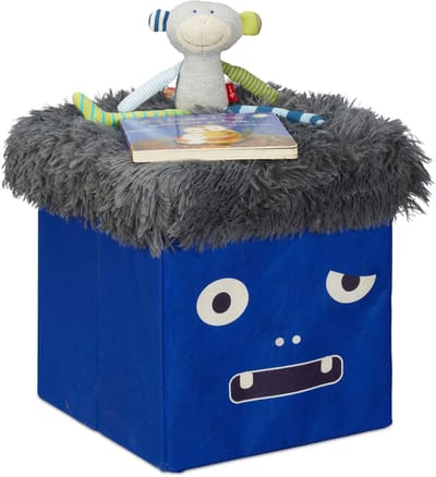 poef kinderkamer - monster design - opbergpoef vouwbaar - 32 x 32 x 32 cm - blauw-grijs