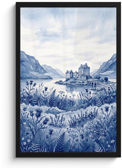 Poster in lijst - Fotolijst 40x60 cm - Posters - Schots - Kasteel - Blauw - Aquarel - Posterlijst zwart - Decoratie - Wanddecoratie woonkamer - Muurdecoratie slaapkamer