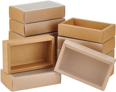 MK Stoer -12 stuks geschenkdozen van kraftpapier met transparant deksel 17 x 10 x 4 cm - Lade doos - Mat PVC-deksel - Gebruikt voor cake, koekjes, snoep, zeep - Geschikt voor diverse gelegenheden.