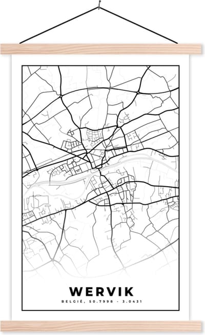 Posterhanger incl. Poster 40x60 cm - Schoolplaat - België – Wervik – Stadskaart – Kaart – Zwart Wit – Plattegrond - Textielposter - Blanke latten - Stadskaart