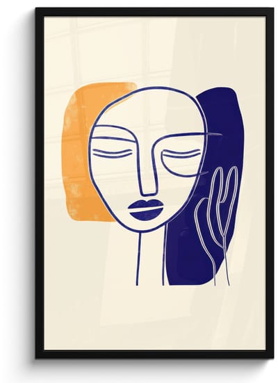 Poster in lijst - Fotolijst 60x90 cm - Posters - Minimalistisch - Gezicht - Hand - Oranje - Blauw - Posterlijst zwart - Decoratie - Wanddecoratie woonkamer - Muurdecoratie slaapkamer