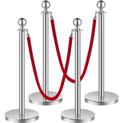 VEVOR Drijvende barrière (4 stuks) met 2 rode fluwelen touwen (1,5 m lang), roestvrijstalen drangende barrière met navulbare voet voor tentoonstellingen, zilver