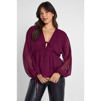 boohoo Dames Chiffon blouse met strik aan de voorkant en volume | Wine | Maat: 6
