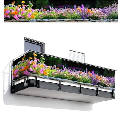 Balkonscherm 500x100 cm - Balkonposter Bloemen - Steenrand - Kleurrijk - Balkon scherm decoratie - Balkonschermen - Balkondoek zonnescherm