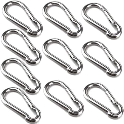 Set van 10 karabiners 40 mm x 4 mm, roestvrij staal met drukhaak, belastbaarheid tot 80 kg, ideaal voor camping en outdoor activiteiten