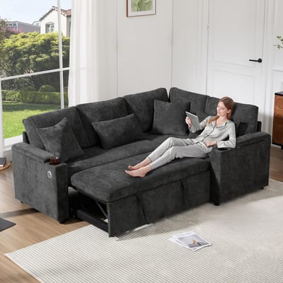 DESMIU Slaapbank 206,5 Cm - Uittrekbare Hoekbank Met Opbergruimte, USB-Oplaadpoort En Bekerhouder - Voor Woonkamer - Chenille Donkergrijs