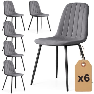 Set van 6 Eetkamerstoelen LUMO / Gestoffeerde Stoelen / Fluwelen Stoelen en Metalen Poten / Antraciet met zwarte benen