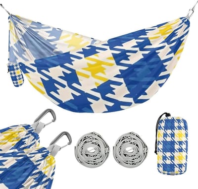 Draagbare Hangmat - Outdoor Luier - Buiten Ontspannen - Inclusief Opbergzak - 290 x 138 cm - Geel Blauw