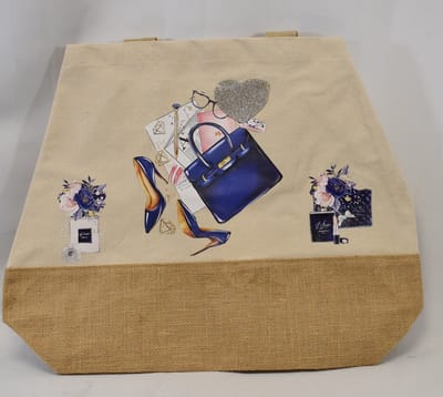 ZoeZo Design - big shopper - grote tas - tas - jute - katoen - met print - Fashion - Br 52 cm - H 40 - diep 17 cm - ecru - blauw - wit