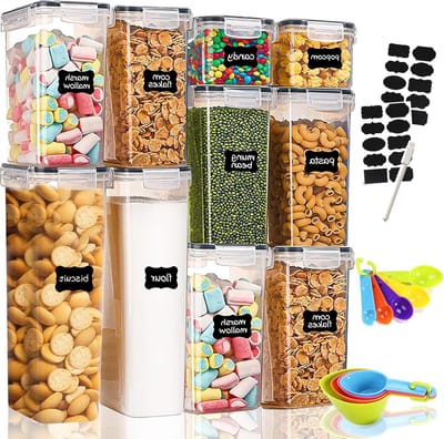 Voorraaddozen 10 Stuks,Voorraadpotten Set,BPA-Vrij,voor Het Bewaren van Pasta,Muesli,Rijst,Meel,en Voor Het Voeden van Huisdieren,Set Etiketten,Lepel