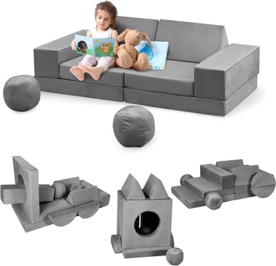 Kinderbank, 12-delig, speelbank van schuimrubber, bouwstenen met comfortabele suède, modulaire speelbank voor kinderen om te spelen,140x45x70CM (Grijs)