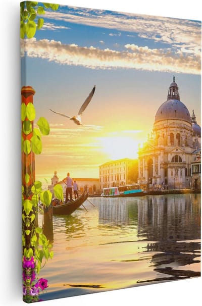 Artaza Canvas Schilderij Zonsondergang - 40x50 cm - Muurdecoratie Italië - Wanddecoratie Bloemen - Kamer Accessoires Gondel