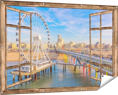 Gards Tuinposter Doorkijk Scheveningen Pier met de Ferris Wheel - Reuzenrad - 150x100 cm - Tuindoek - Tuindecoratie - Wanddecoratie buiten - Tuinschilderij