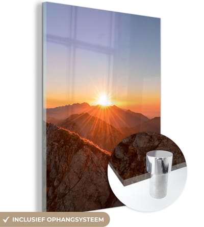 MuchoWow® Glasschilderij 30x40 cm - Schilderij acrylglas - Berg - Landschap - Zon - Foto op glas - Schilderijen