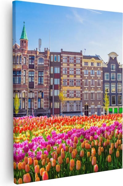 Artaza Canvas Schilderij Amsterdam - 80x100 cm - Groot - Wanddecoratie Tulpen - Muurdecoratie Grachtenpanden - Schilderijen Op Canvas Bloemen