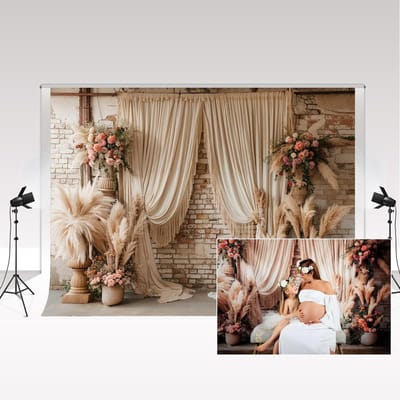 JHUBERS- Fotografie-achtergrond 2,2 x 1,5 m - Microvezel - Retro Interieur - Boho Pampasgras - Bloem Decoratie - Schokbestendig Materiaal - Achtergronddoek