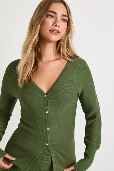 boohoo Dames Premium Ribgebreide Cardigan met Getailleerde Taille en Flared Broek Co-Ord | Washed Khaki | Maat: Small