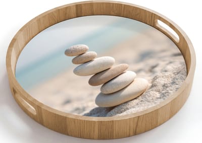 Dienblad rond 40x40 cm - Schootdienblad hout - Stenen - Stapel - Zand - Zee - Borrelplank rechthoek - Plateau houten dienbladen
