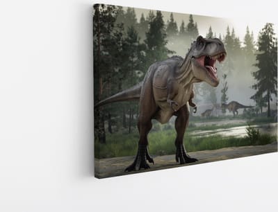 Saammp Canvas Schilderij - Dino in de natuur - Kinderkamer - 45x30 - Foto op canvas - Wanddecoratie - Muurdecoratie Woonkamer - Slaapkamer decoratie - Canvas Print