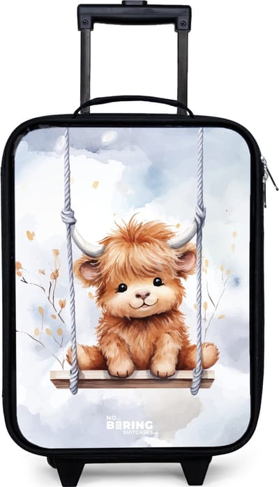 NoBoringSuitcases.com® - Kinderkoffer jongen - Kindertrolley meisje - Schommelend Schotse hooglander kalf van waterverf - Koffer kind lichtgewicht - Reiskoffer trolley voor kinderen - Koffertje met lichtgevende wieltjes - Rolkoffer zwart