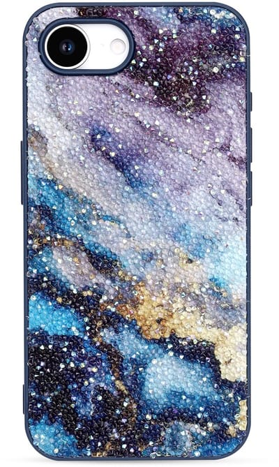 Casemania Hoesje Geschikt voor Apple iPhone 16e - Blauw - Marmer Diamant Glitter Back Cover