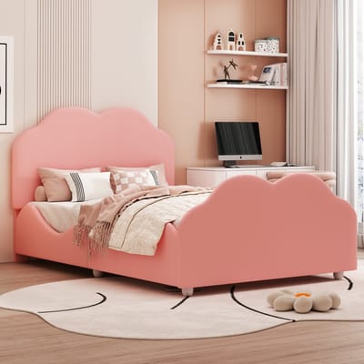 REDOM Ledikant 90x200 cm – Roze fluweel – Met wolkenvormig hoofdeinde & veiligheidshekje – Kindvriendelijk