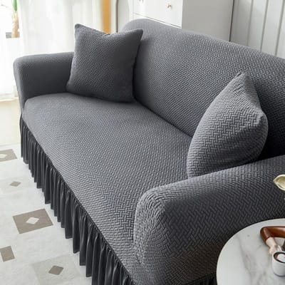 Housse de canapé épaisse de couleur unie pour salon, housse de canapé 1/2/3/4 places en jacquard élastique avec jupe Small gray