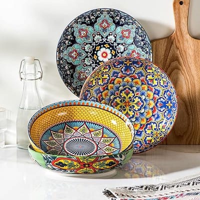 Dailygoods- Slakommen Set van 4 - Porseleinen Dienbladen - Boheemse Serveerschalen - Kleurrijke Sla Kommen - Hoogwaardig Keramiek - Creatief Design