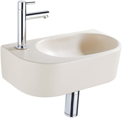 QeramiQ Fuente Fonteinset - 40x21.5x12cm - links - glad - halfrond - 1 kraangat - keramiek - fonteinkraan chroom - afvoerplug - verlaagd sifon - beige
