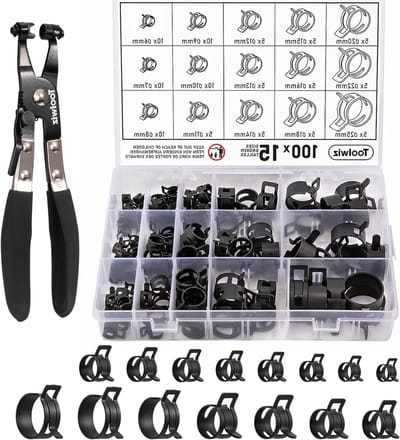 100 Stuks 6-25mm Veer Slangklemmen Assortiment met Draaibare Slangklemmen voor Brandstof, Vacuüm en Siliconeslangen, Ideaal voor Water- en Luchtleidingen